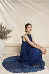 Pleated organza halter maxi dress with sheer layered design and delicate gathered neckline